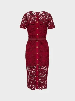 SELF-PORTRAIT Abiti<ABITO MIDI FLORAL GUIPURE LACE BUTTON Rosso