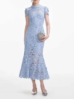 SELF-PORTRAIT Abiti<ABITO MIDI FLORAL LACE CONTRAST COLLAR Azzurro