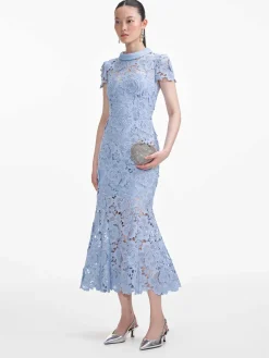 SELF-PORTRAIT Abiti<ABITO MIDI FLORAL LACE CONTRAST COLLAR Azzurro