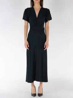 VICTORIA BECKHAM Abiti<ABITO MIDI GATHERED V-NECK Nero