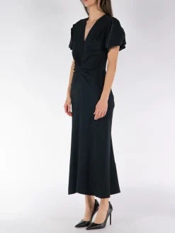 VICTORIA BECKHAM Abiti<ABITO MIDI GATHERED V-NECK Nero