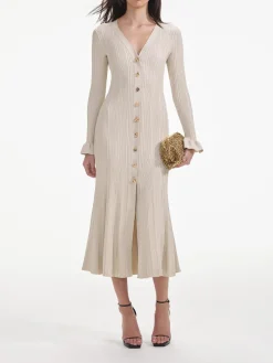 SELF-PORTRAIT Abiti<ABITO MIDI METALLIC RIBBED Bianco