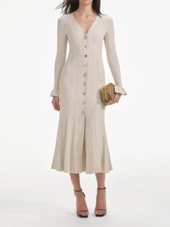 SELF-PORTRAIT Abiti<ABITO MIDI METALLIC RIBBED Bianco