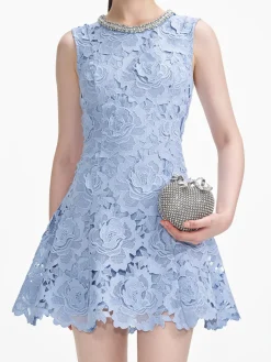 SELF-PORTRAIT Abiti<ABITO MINI FLORAL LACE CONTRAST COLLAR Azzurro