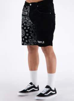 PURPLE DENIM Shorts<BERMUDA NEEDLE CORDUROY BANDANA PRINT Bianco, Nero