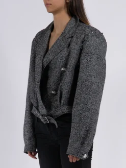 ALESSANDRA RICH Giacche<BOMBER CROPPED HERRINGBONE WOOL TWEED Grigio