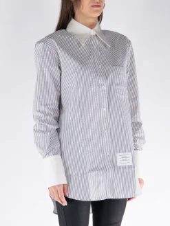 THOM BROWNE Camicie<CAMICIA A RIGHE CON COLLO A PUNTA INGRANDITO Bianco, Grigio