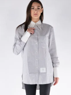 THOM BROWNE Camicie<CAMICIA A RIGHE CON COLLO A PUNTA INGRANDITO Bianco, Grigio