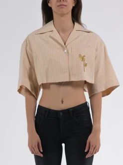 PALM ANGELS Camicie<CAMICIA CROPPED BOWLING SHIRT S/S Beige, Bianco