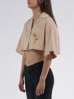 PALM ANGELS Camicie<CAMICIA CROPPED BOWLING SHIRT S/S Beige, Bianco