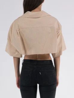 PALM ANGELS Camicie<CAMICIA CROPPED BOWLING SHIRT S/S Beige, Bianco
