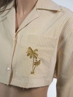 PALM ANGELS Camicie<CAMICIA CROPPED BOWLING SHIRT S/S Beige, Bianco