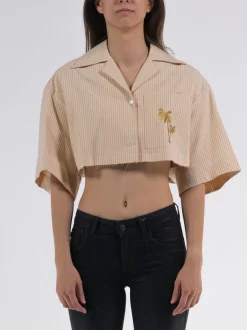 PALM ANGELS Camicie<CAMICIA CROPPED BOWLING SHIRT S/S Beige, Bianco