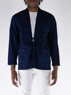 UNIVERSAL WORKS Giacche<GIACCA DENIM TIE FRONT HERRINGBONE Blu