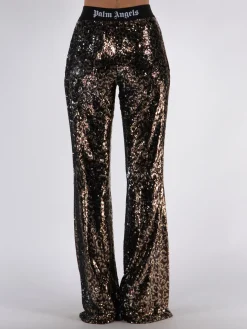 PALM ANGELS Pantaloni<PANTALONE LOGO TAPE SEQUINS FLARE Marrone, Nero