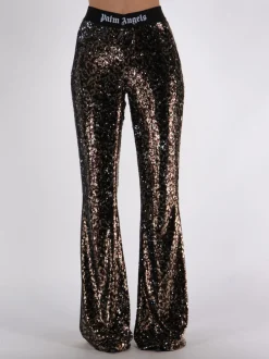 PALM ANGELS Pantaloni<PANTALONE LOGO TAPE SEQUINS FLARE Marrone, Nero