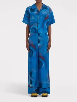 MARNI Pantaloni<PANTALONE PALAZZO IN SETA CON STAMPA BUCHI BLU Azzurro, Bianco, Blu, Rosso