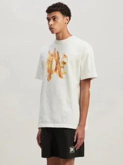 PALM ANGELS T-Shirt<T-SHIRT BURNING MONOGRAM Bianco, Giallo