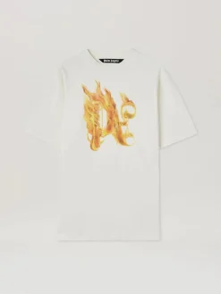 PALM ANGELS T-Shirt<T-SHIRT BURNING MONOGRAM Bianco, Giallo