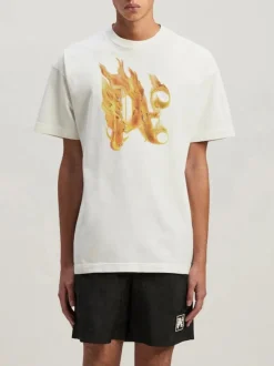 PALM ANGELS T-Shirt<T-SHIRT BURNING MONOGRAM Bianco, Giallo