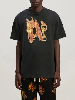 PALM ANGELS T-Shirt<T-SHIRT BURNING MONOGRAM Arancione, Nero
