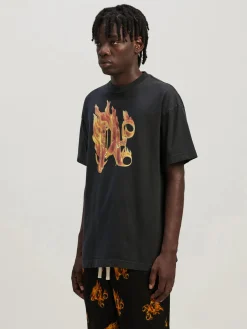 PALM ANGELS T-Shirt<T-SHIRT BURNING MONOGRAM Arancione, Nero