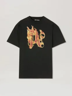 PALM ANGELS T-Shirt<T-SHIRT BURNING MONOGRAM Arancione, Nero