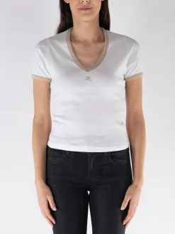 COURREGES T-Shirt<T-SHIRT CONTRAST V NECK Beige, Bianco