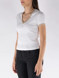 COURREGES T-Shirt<T-SHIRT CONTRAST V NECK Beige, Bianco