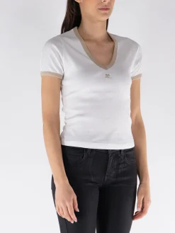 COURREGES T-Shirt<T-SHIRT CONTRAST V NECK Beige, Bianco