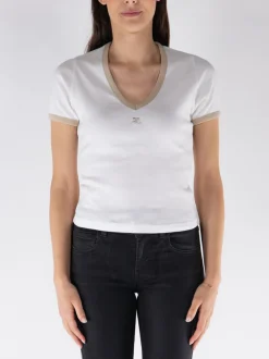 COURREGES T-Shirt<T-SHIRT CONTRAST V NECK Beige, Bianco
