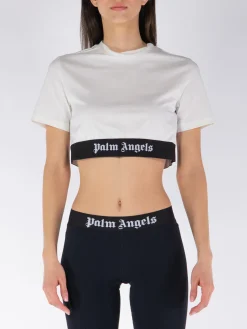PALM ANGELS T-Shirt<T-SHIRT CROP LOGO TAPE Bianco
