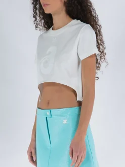 COURREGES T-Shirt<T-SHIRT CROP COTTON SHELL PRINT Bianco