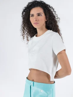 COURREGES T-Shirt<T-SHIRT CROP COTTON SHELL PRINT Bianco