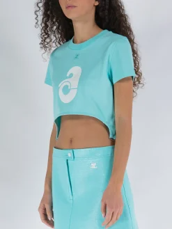 COURREGES T-Shirt<T-SHIRT CROP COTTON SHELL PRINT Azzurro