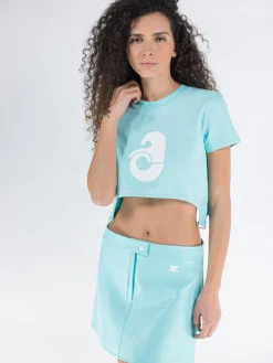 COURREGES T-Shirt<T-SHIRT CROP COTTON SHELL PRINT Azzurro