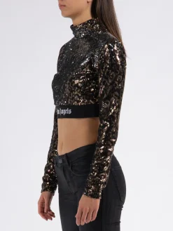 PALM ANGELS T-Shirt<T-SHIRT CROPPED LONGSLEEVE LOGO TAPE SEQUINS Marrone, Nero