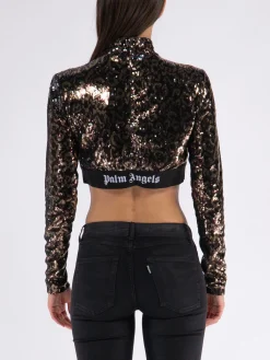PALM ANGELS T-Shirt<T-SHIRT CROPPED LONGSLEEVE LOGO TAPE SEQUINS Marrone, Nero