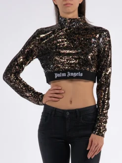 PALM ANGELS T-Shirt<T-SHIRT CROPPED LONGSLEEVE LOGO TAPE SEQUINS Marrone, Nero