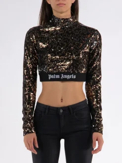 PALM ANGELS T-Shirt<T-SHIRT CROPPED LONGSLEEVE LOGO TAPE SEQUINS Marrone, Nero