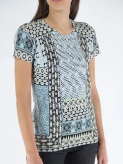 ETRO T-Shirt<T-SHIRT IN SETA PATCHWORK Azzurro, Beige, Bianco, Multicolor, Nero