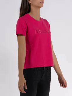 MONCLER T-Shirt<T-SHIRT LOGO EMBROIDERY W STRASS Fuxia