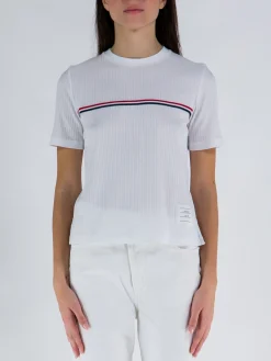 THOM BROWNE T-Shirt<T-SHIRT SHORT SLEEVE TEE W/ RWB STRIPE Bianco