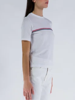 THOM BROWNE T-Shirt<T-SHIRT SHORT SLEEVE TEE W/ RWB STRIPE Bianco