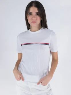 THOM BROWNE T-Shirt<T-SHIRT SHORT SLEEVE TEE W/ RWB STRIPE Bianco